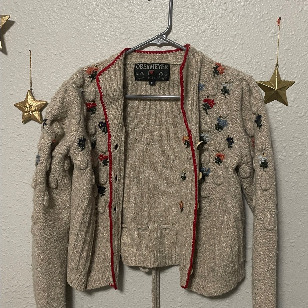 Cutest Obermeyer Knit Cardigan Vintage with Flower Design & Puff Sleeve
